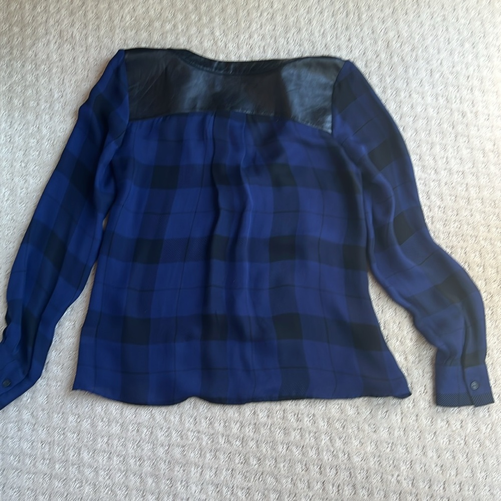 Parker navy silk shirt with black leather trim. Size XS. - Picture 2 of 4